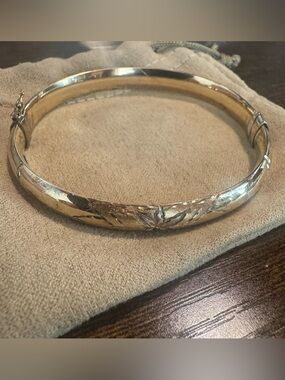 Vintage 925 Sterling Silver & 10K Gold Filled Hinged Bangle Bracelet Etched